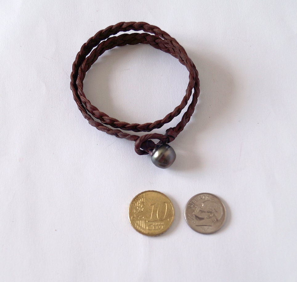 Tahitian Pearl Bracelet - double braided leather - lasso - Althea