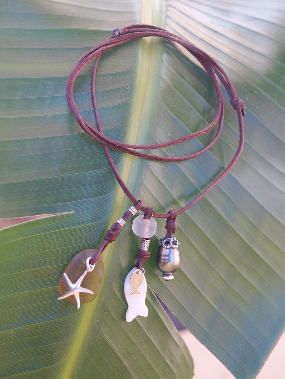 Collier Perle de Tahiti, perles argent, verre de mer, nacre, cuir adaptable - Asha