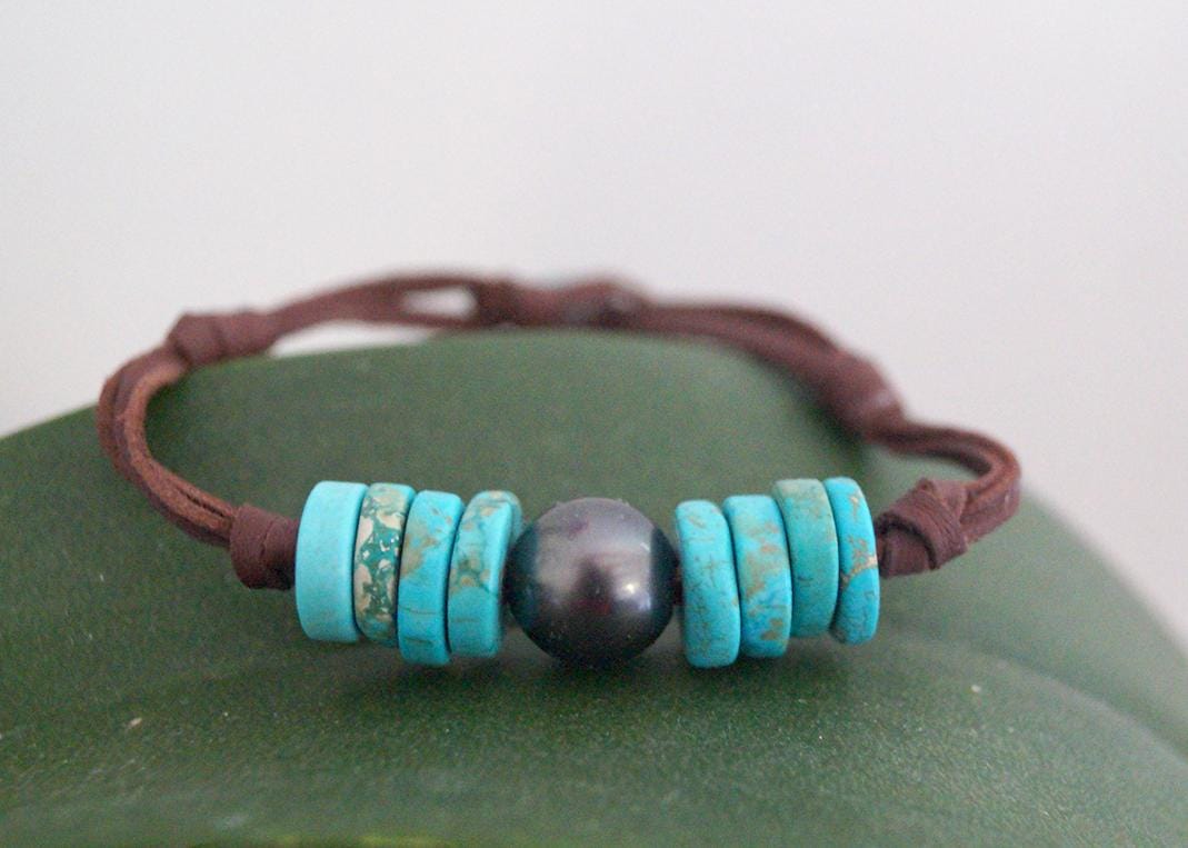 Bracelet rondelles turquoise et perle de Tahiti - Rhea