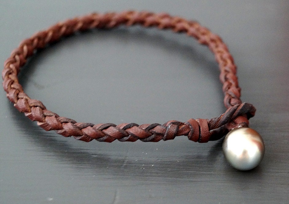 Bracelet avec Perle de Tahiti - cuir tressé rond australien - lasso Marius