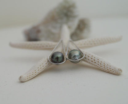 Boucles d'oreilles ovales en argent massif et perles de Tahiti - Nova