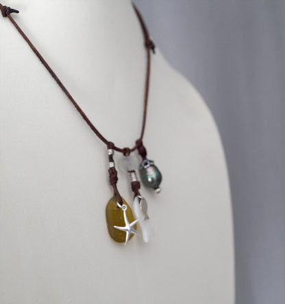 Collier Perle de Tahiti, perles argent, verre de mer, nacre, cuir adaptable - Asha