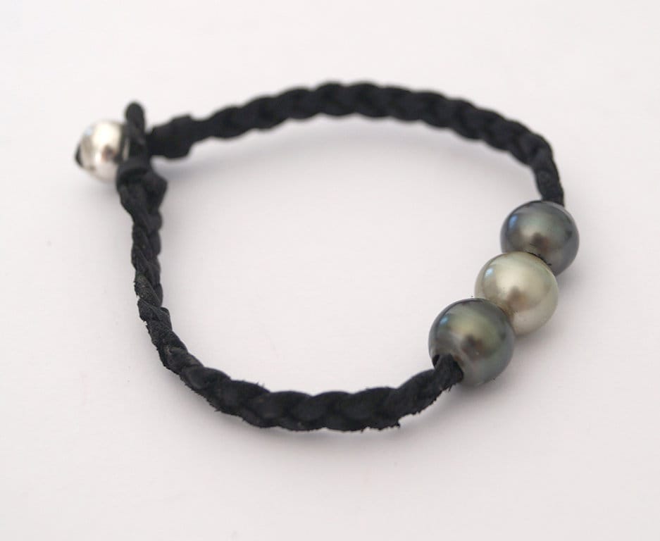 Bracelet 3 Perles de Tahiti et cuir tressé Lior