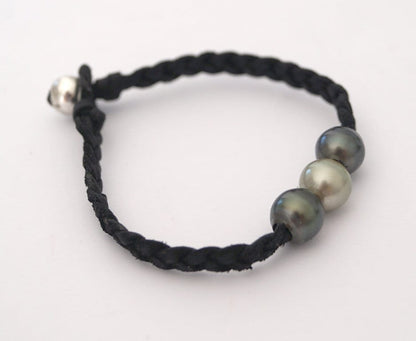 Bracelet 3 Perles de Tahiti et cuir tressé Lior