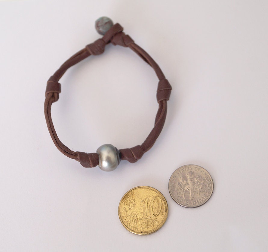 Bracelet perle de Tahiti cuir naturel fermoir turquoise - Tove