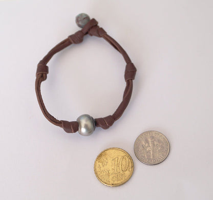 Bracelet perle de Tahiti cuir naturel fermoir turquoise - Tove