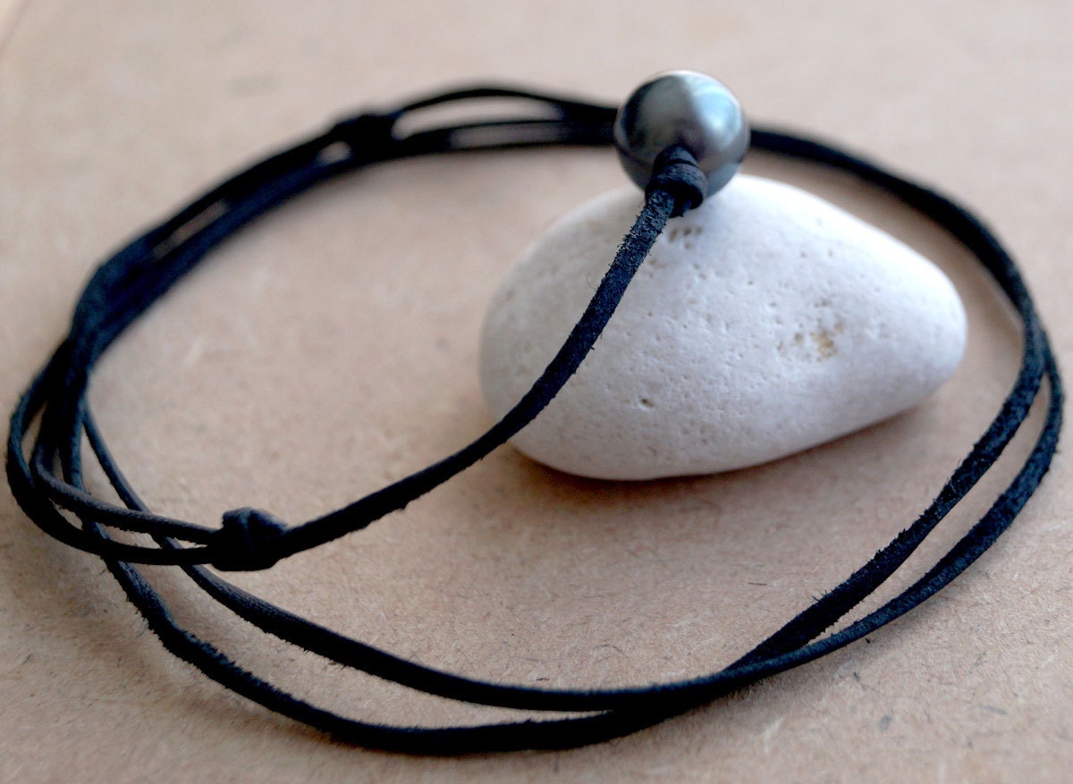 Collier ajustable cuir noir et perle de Tahiti - Ugo