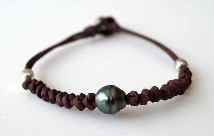 Bracelet cuir noué avec perle de Tahiti et argent 925 - Henry