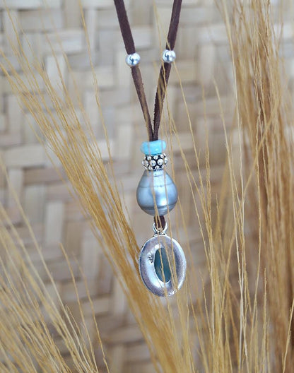 Collier Perle de Tahiti et pendentif Larimar et argent 925, cuir collier coulissant - Nola