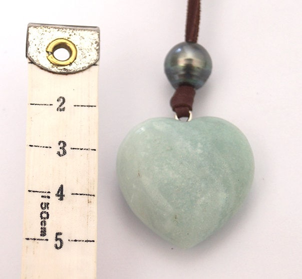 Pendentif coeur amazonite, perle de Tahiti, cuir collier ajustable - Gina