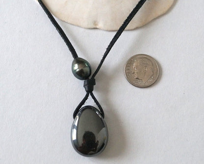 Collier pendentif hématite et perle de Tahiti - Noah