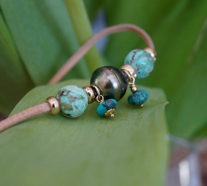 Tahitian pearl choker with green turquoises - Eria