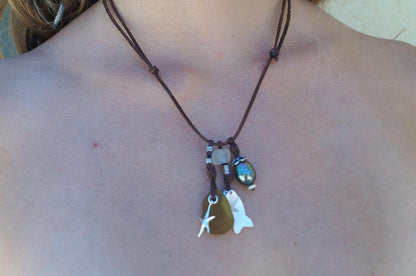 Collier Perle de Tahiti, perles argent, verre de mer, nacre, cuir adaptable - Asha