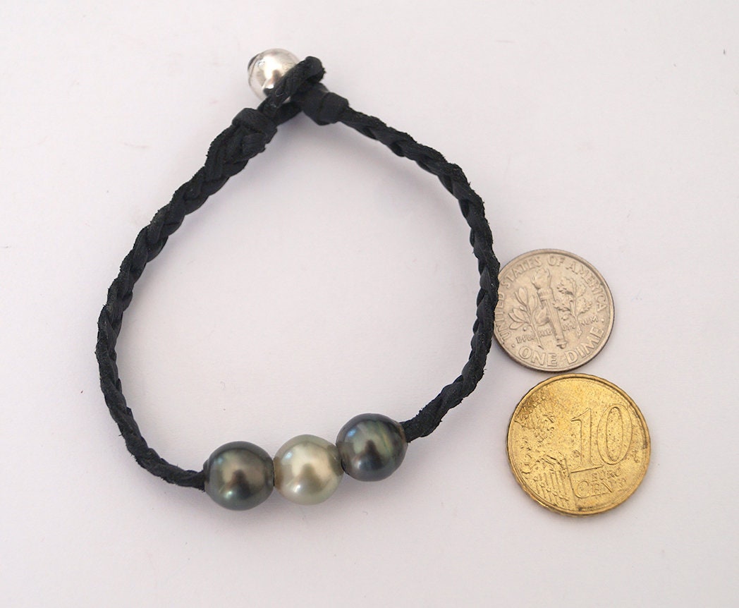 Bracelet 3 Perles de Tahiti et cuir tressé Lior