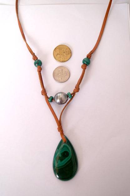Collier pendentif malachite et perle de Tahiti - Iona