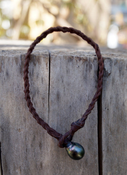 Bracelet perle de Tahiti cuir tressé lasso - Zephyr