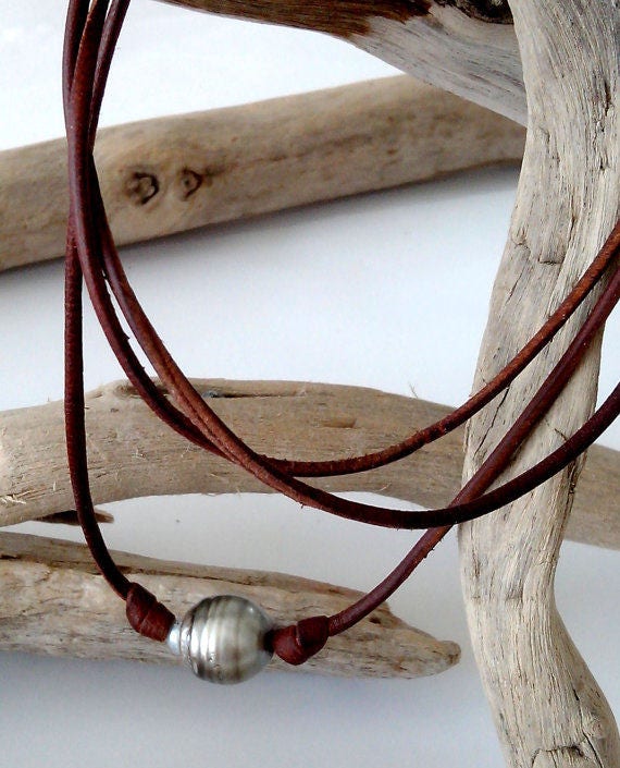 Collier ajustable cuir noir et perle de Tahiti - Ugo