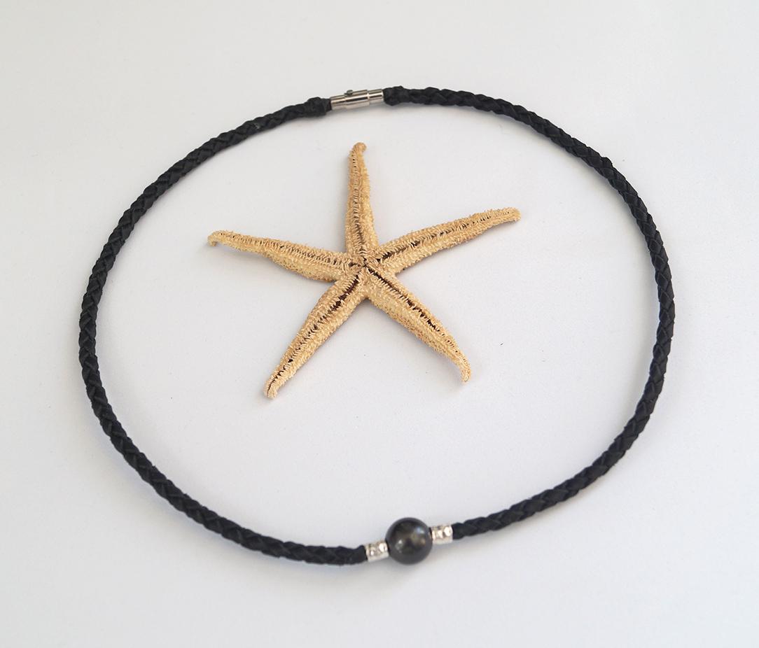 Collier Perle de Tahiti, cuir tressé, fermoir acier inoxydable magnétique - Tupai