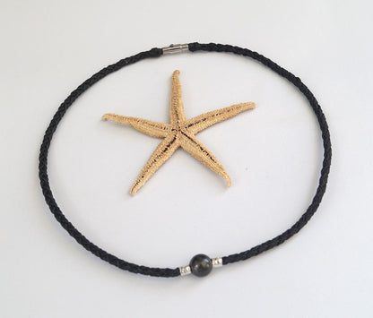 Collier Perle de Tahiti, cuir tressé, fermoir acier inoxydable magnétique - Tupai
