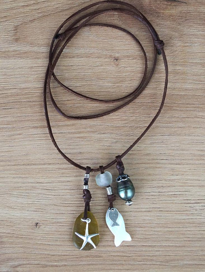 Collier Perle de Tahiti, perles argent, verre de mer, nacre, cuir adaptable - Asha
