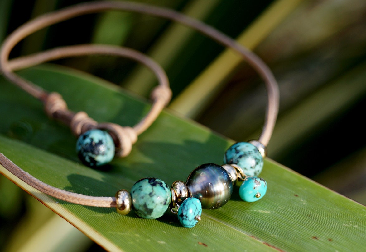 Tahitian pearl choker with green turquoises - Eria