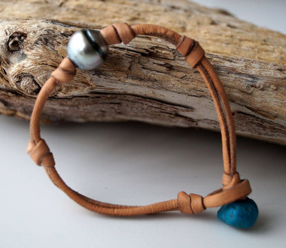 Bracelet perle de Tahiti cuir naturel fermoir turquoise - Tove