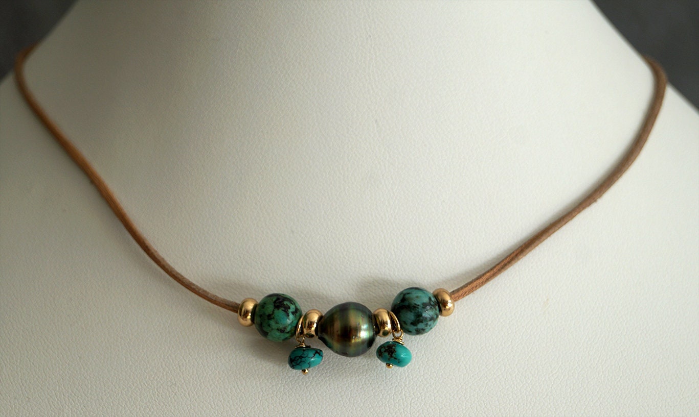 Tahitian pearl choker with green turquoises - Eria