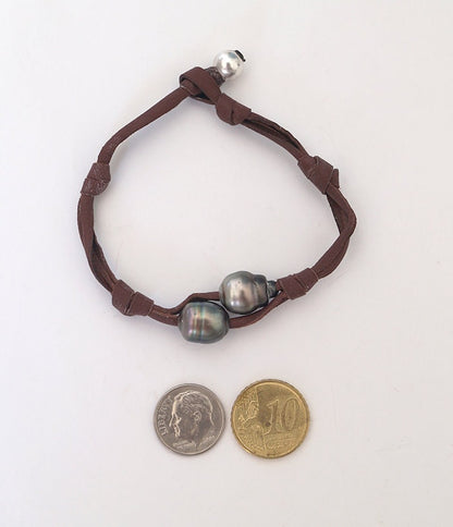 Bracelet cuir double et duo de perles de Tahiti - Kenny