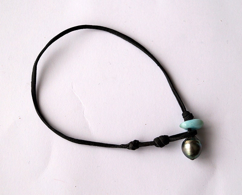 Bracelet de cheville perle de Tahiti et larimar - Kira