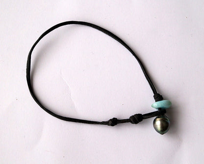 Bracelet de cheville perle de Tahiti et larimar - Kira
