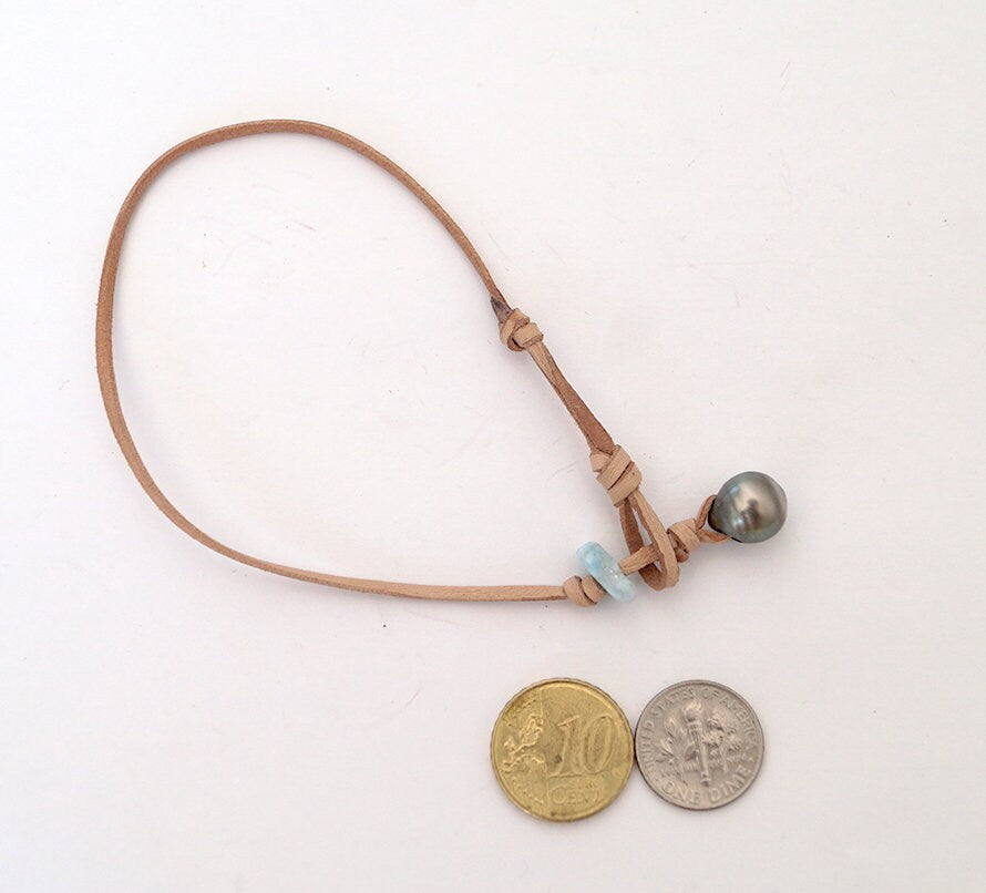Bracelet de cheville perle de Tahiti et larimar - Kira