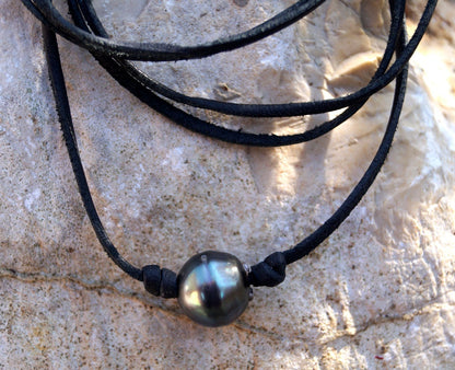 Collier ajustable cuir noir et perle de Tahiti - Ugo