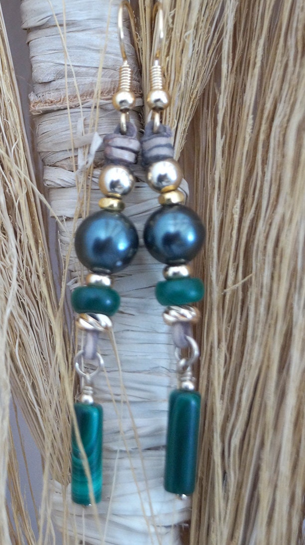 Boucles d'oreilles en Perles de Tahiti, perles malachite, plaqué or 18k - Lumea