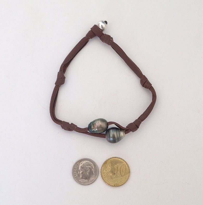 Bracelet cuir double et duo de perles de Tahiti - Kenny