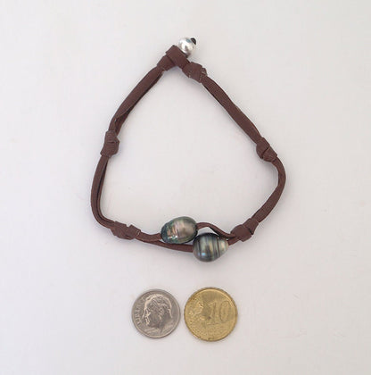 Bracelet cuir double et duo de perles de Tahiti - Kenny