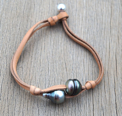 Bracelet cuir double et duo de perles de Tahiti - Kenny