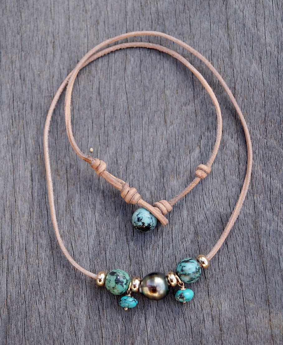 Tahitian pearl choker with green turquoises - Eria