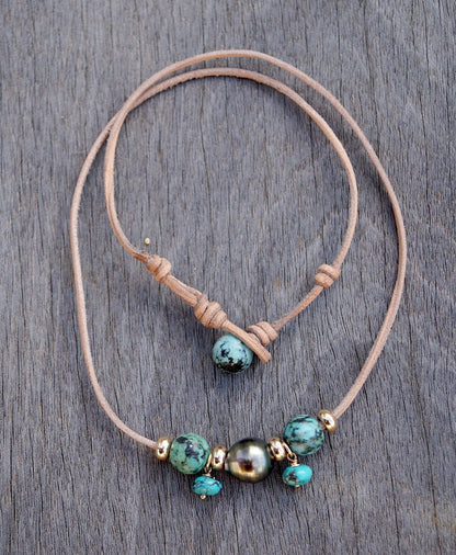 Tahitian pearl choker with green turquoises - Eria