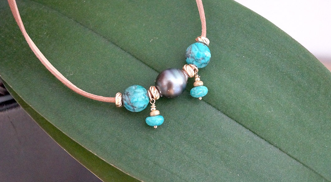 Tahitian pearl choker with green turquoises - Eria