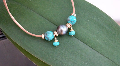 Tahitian pearl choker with green turquoises - Eria