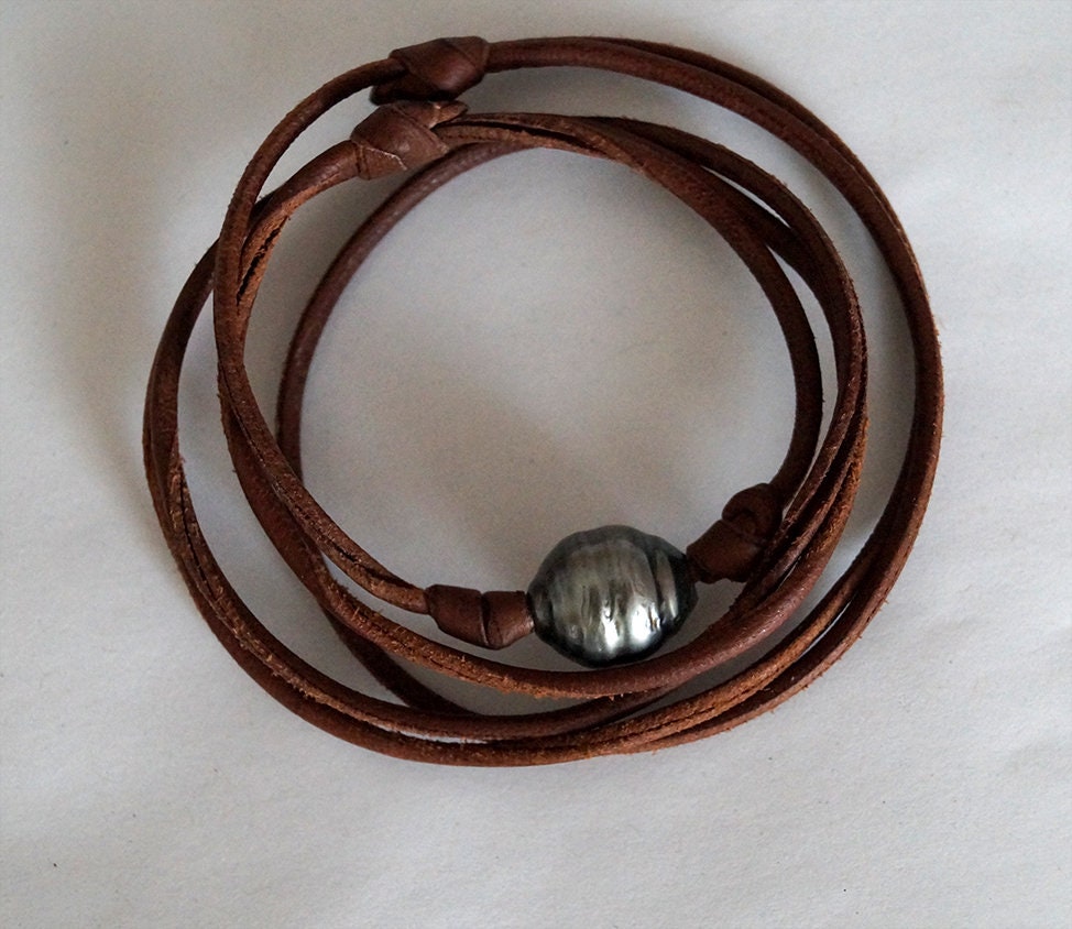 Collier ajustable cuir noir et perle de Tahiti - Ugo