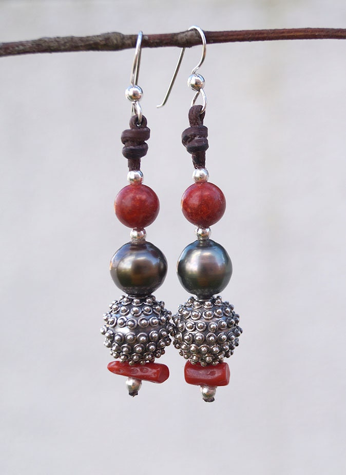 Boucles d'oreilles avec Perles de Tahiti,  perles de corail argent 925 - Dalia