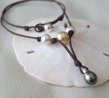 Collier pendentif perle de Tahiti goutte et son trio de perles - Livia