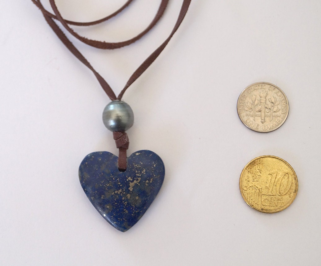 Tahitian pearl necklace and lapis lazuli heart pendant - Billie