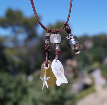 Collier Perle de Tahiti, perles argent, verre de mer, nacre, cuir adaptable - Asha