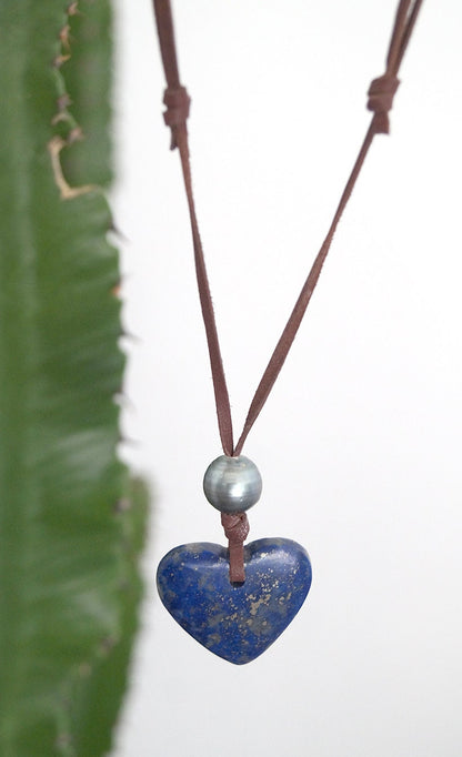 Tahitian pearl necklace and lapis lazuli heart pendant - Billie