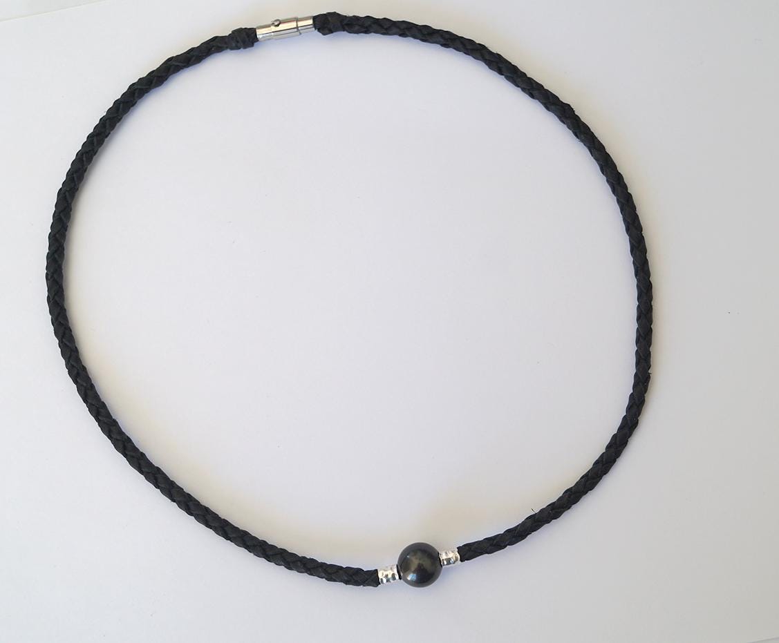 Collier Perle de Tahiti, cuir tressé, fermoir acier inoxydable magnétique - Tupai