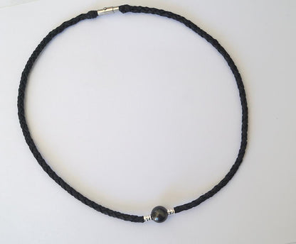 Collier Perle de Tahiti, cuir tressé, fermoir acier inoxydable magnétique - Tupai