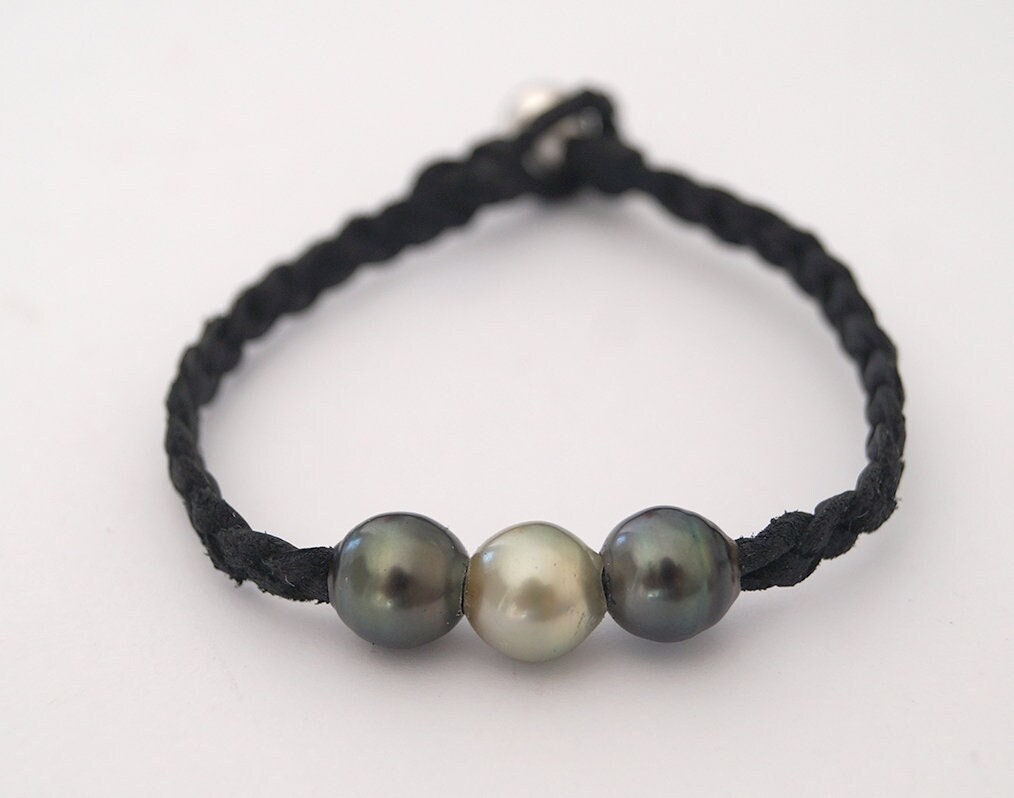 Bracelet 3 Perles de Tahiti et cuir tressé Lior