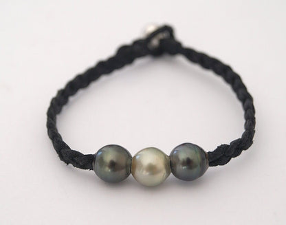 Bracelet 3 Perles de Tahiti et cuir tressé Lior